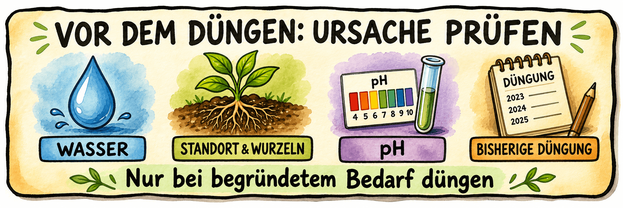 Vor dem Düngen Wasser, Standort und Wurzeln, pH sowie bisherige Düngung prüfen; nur bei begründetem Bedarf düngen