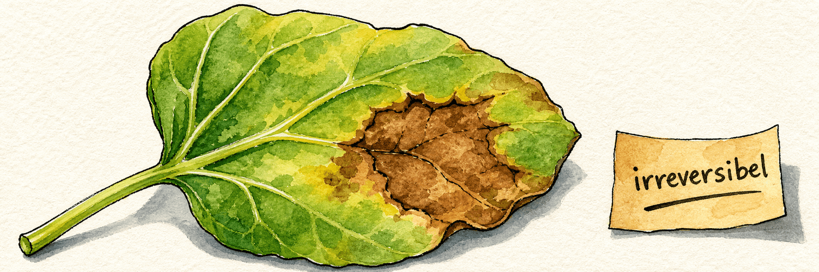 Blatt mit abgestorbenem braunem Gewebefleck und dem Hinweis, dass der Schaden irreversibel ist