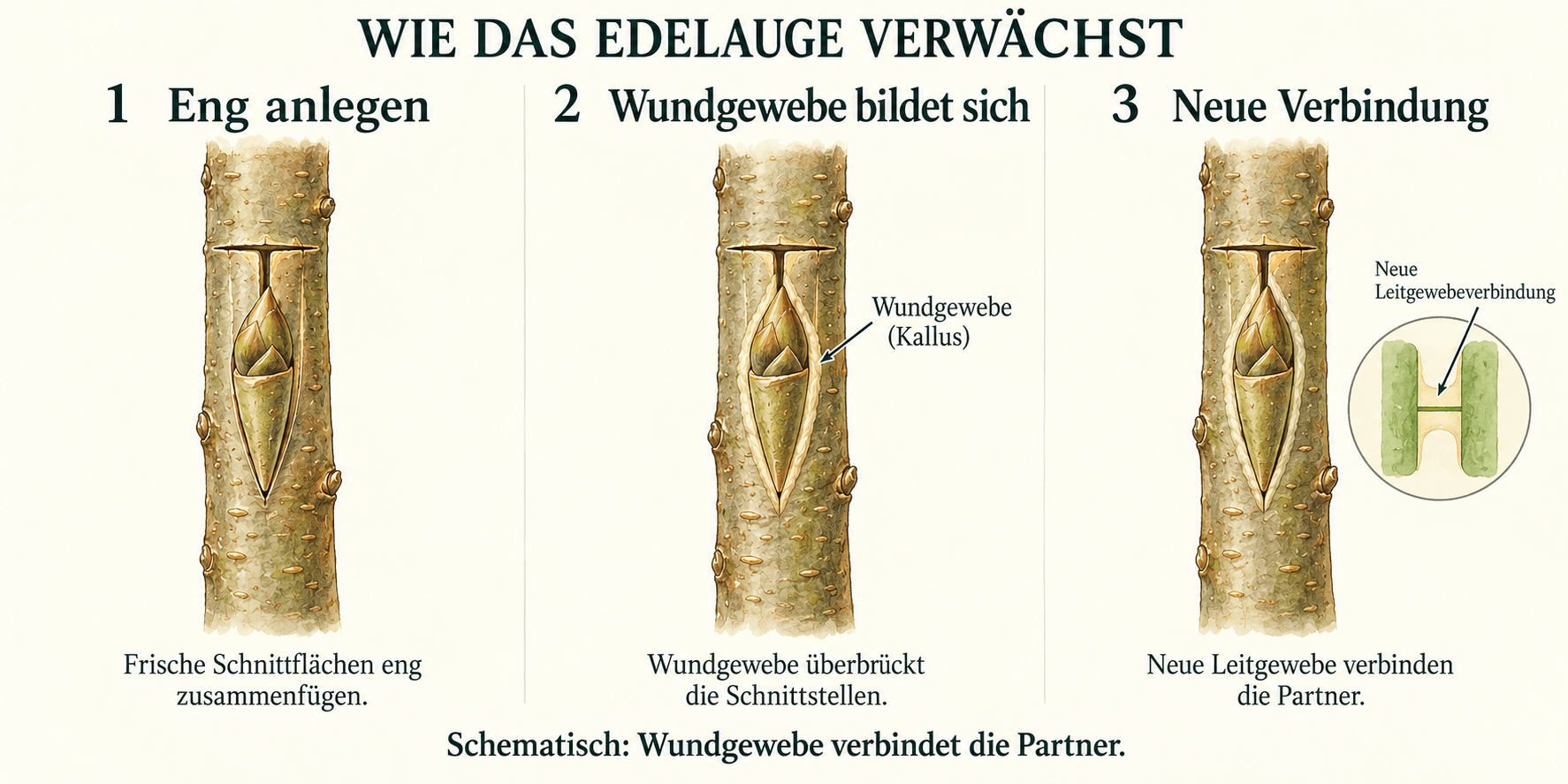 Drei schematische Stadien: Edelauge eng einsetzen, Wundgewebe an den Schnittstellen bilden und neue Leitgewebeverbindungen aufbauen