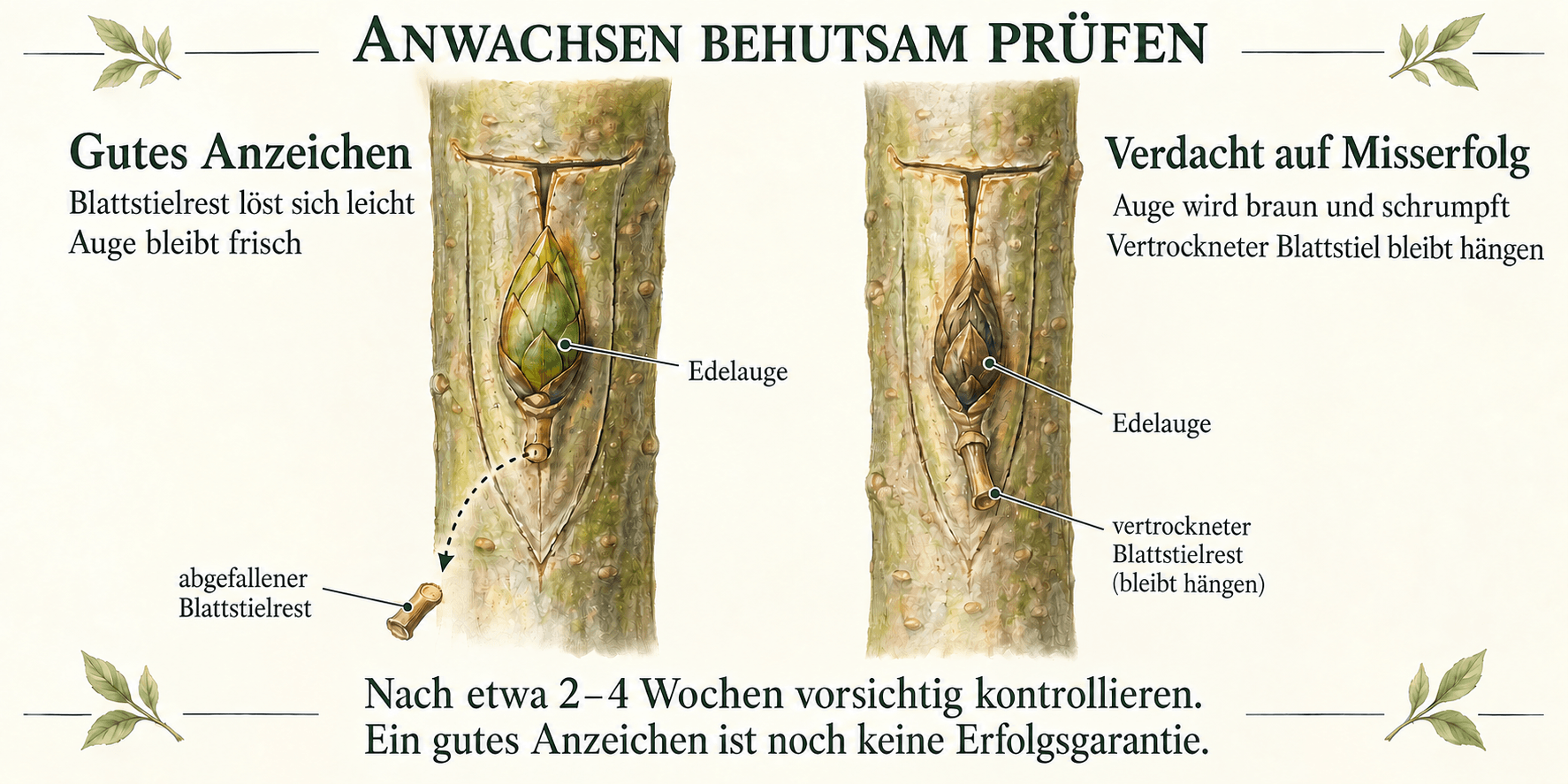 Vergleich zweier eingesetzter Edelaugen: frische Knospe mit gelöstem Blattstielrest und braune geschrumpfte Knospe mit noch hängendem vertrocknetem Blattstiel