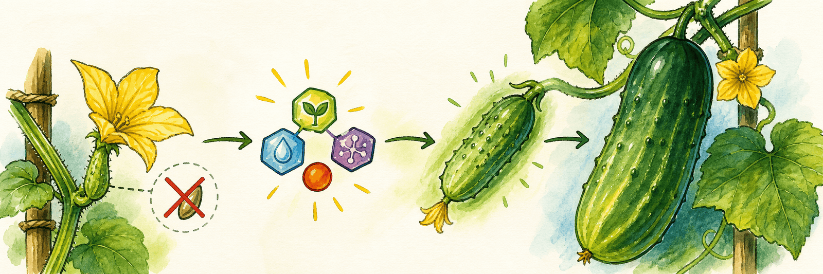 Hormon-Symbole wie Auxin und Gibberelline lösen das Fruchtwachstum aus und ersetzen das fehlende Samensignal