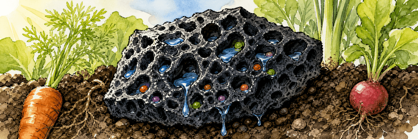 Poröses Pflanzenkohle-Stück wie ein Schwamm, der Wasser und Nährstoffe in seinen Hohlräumen speichert