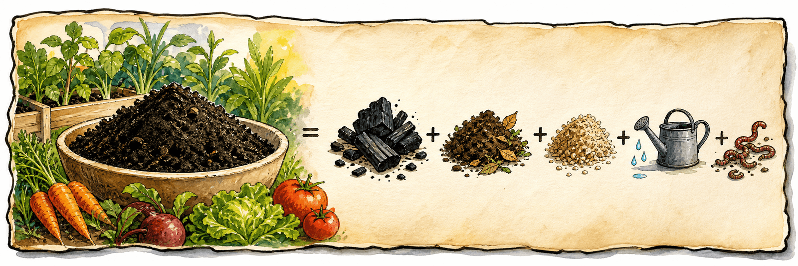 Rezept-Darstellung: Terra Preta als dunkle fruchtbare Erde, Pflanzenkohle als eine der Zutaten neben Kompost, Ton und Mist