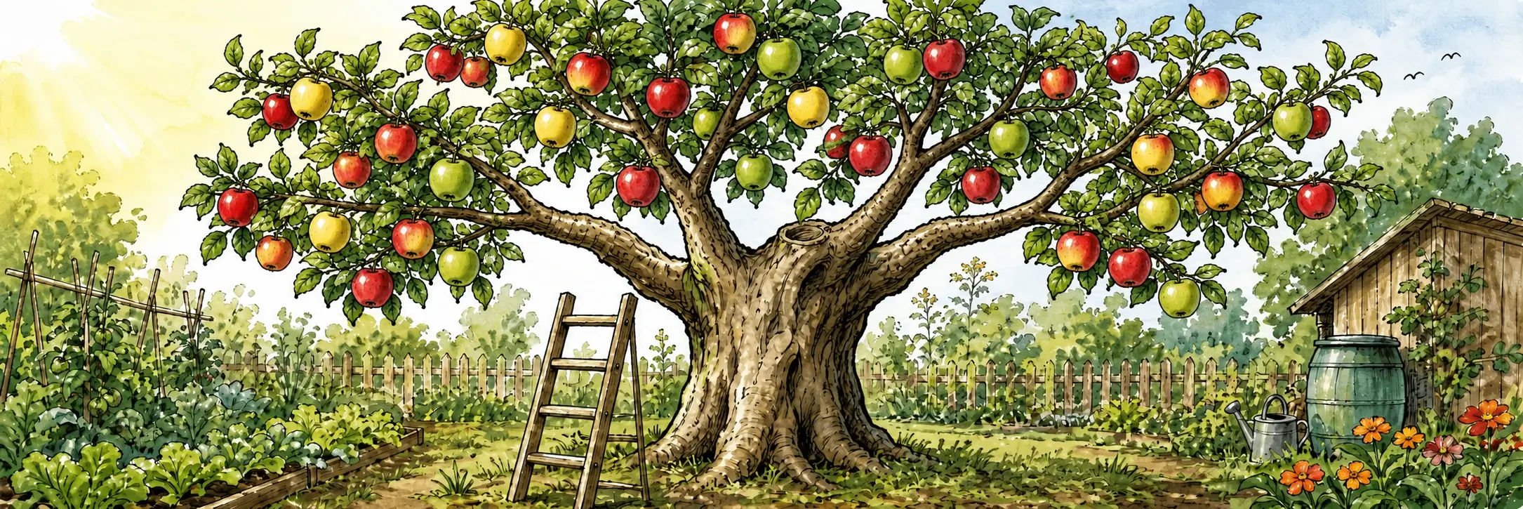 Ein Apfelbaum trägt auf verschiedenen Ästen rote, gelbe und grüne Apfelsorten