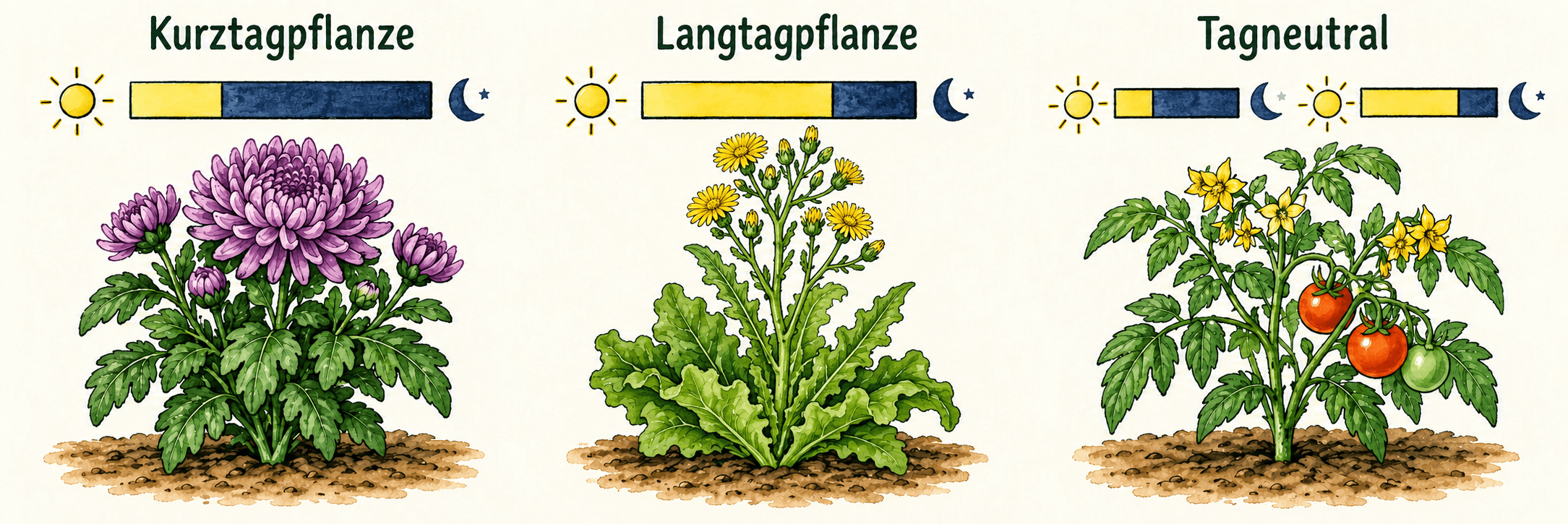 Blühende Chrysantheme unter kurzer Lichtphase, blühender Salat unter langer Lichtphase und Tomate unter zwei unterschiedlichen Tag-Nacht-Verhältnissen