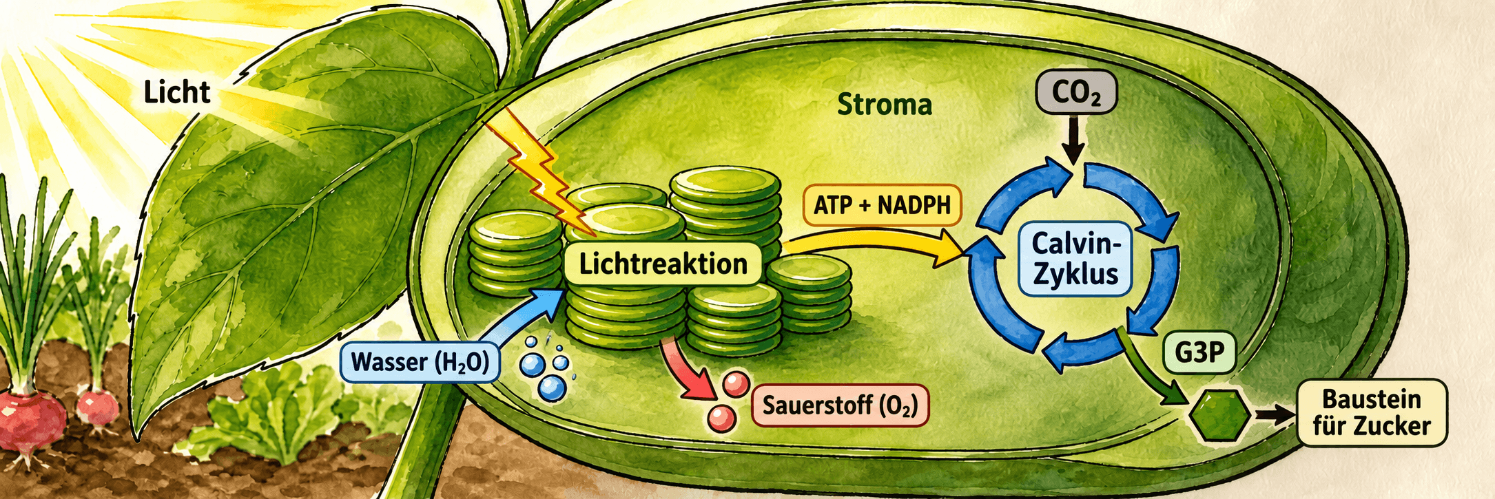 Beschrifteter Chloroplast: Licht und Wasser gehen in die Lichtreaktion ein, Sauerstoff wird abgegeben; ATP und NADPH versorgen den Calvin-Zyklus, der CO₂ einbaut und G3P für die Zuckerbildung liefert