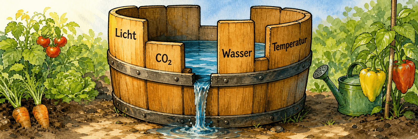 Minimum-Tonne mit unterschiedlich hohen Dauben für Licht, CO₂, Wasser und Temperatur als vereinfachtes Modell begrenzender Bedingungen