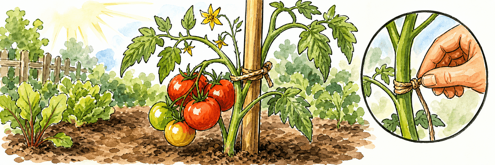 Tomatenpflanze wird an einer Schnur aufgeleitet und angebunden, weil sie nicht von selbst rankt
