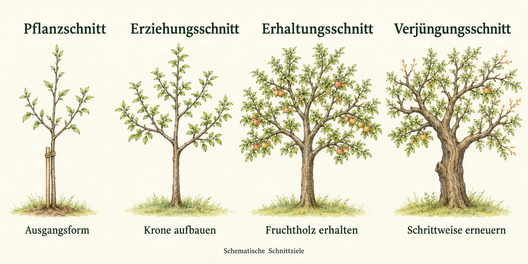 Vier Obstbäume zeigen die Ziele von Pflanzschnitt, Erziehungsschnitt, Erhaltungsschnitt und schrittweisem Verjüngungsschnitt mit erhaltenen Gerüstästen