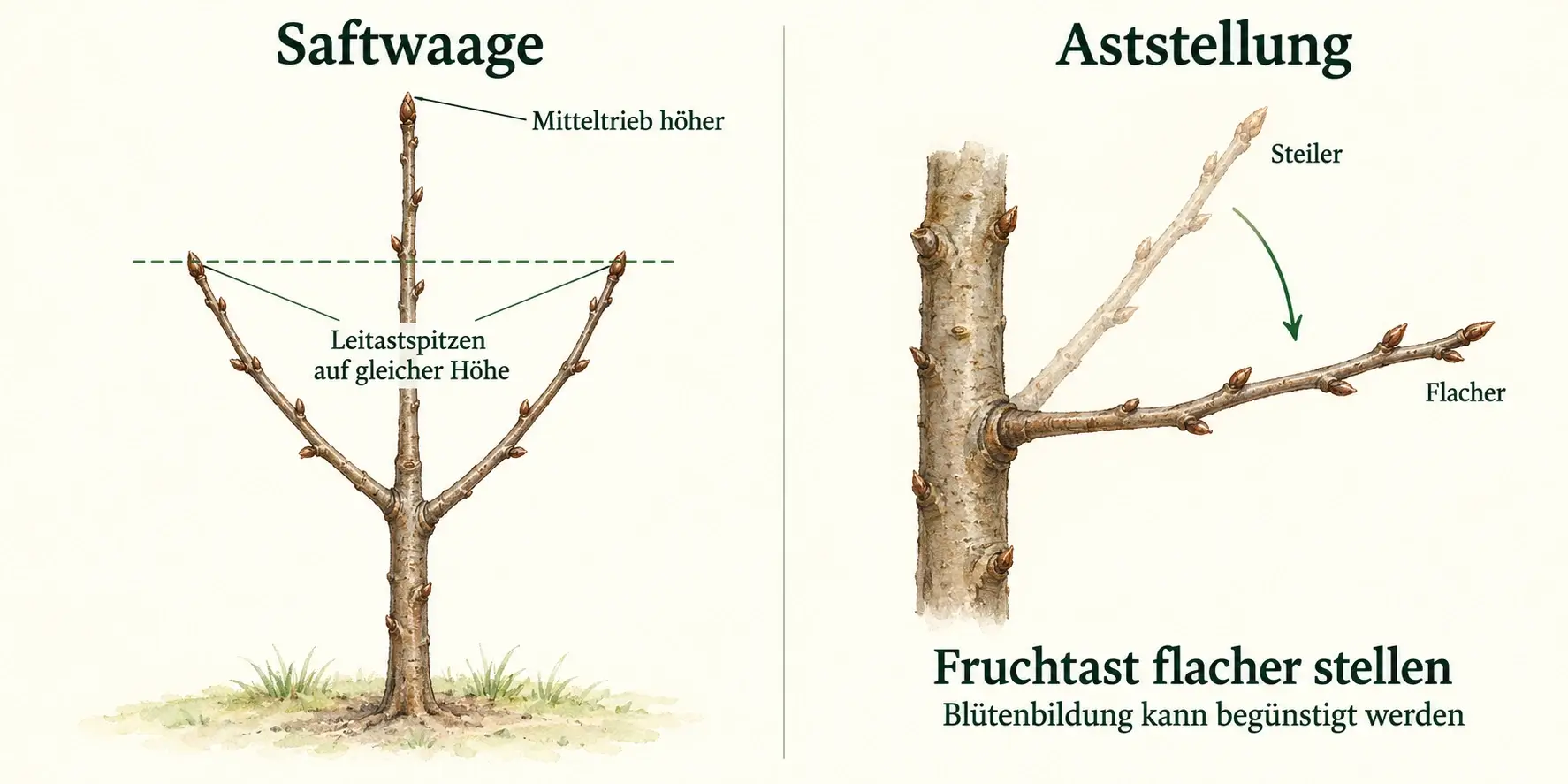 Links liegen die Leitastspitzen auf gleicher Höhe und der Mitteltrieb darüber; rechts wird ein Fruchtast aus einer steilen in eine flachere Stellung gebracht