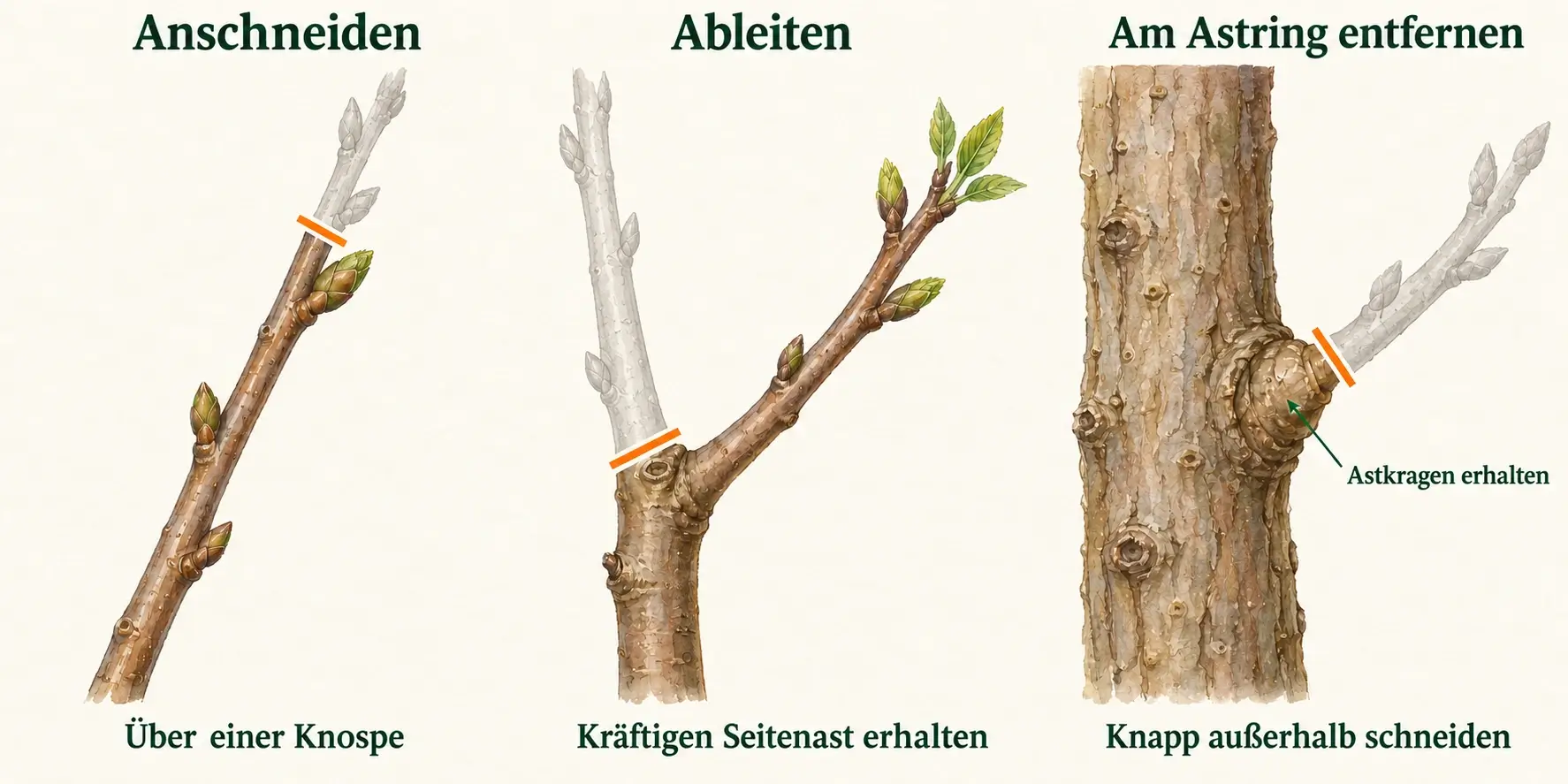 Drei Schnitttechniken im Vergleich: Anschneiden über einer Knospe, Ableiten an einer Astgabel auf einen kräftigen Seitenast und Entfernen knapp außerhalb des erhaltenen Astkragens