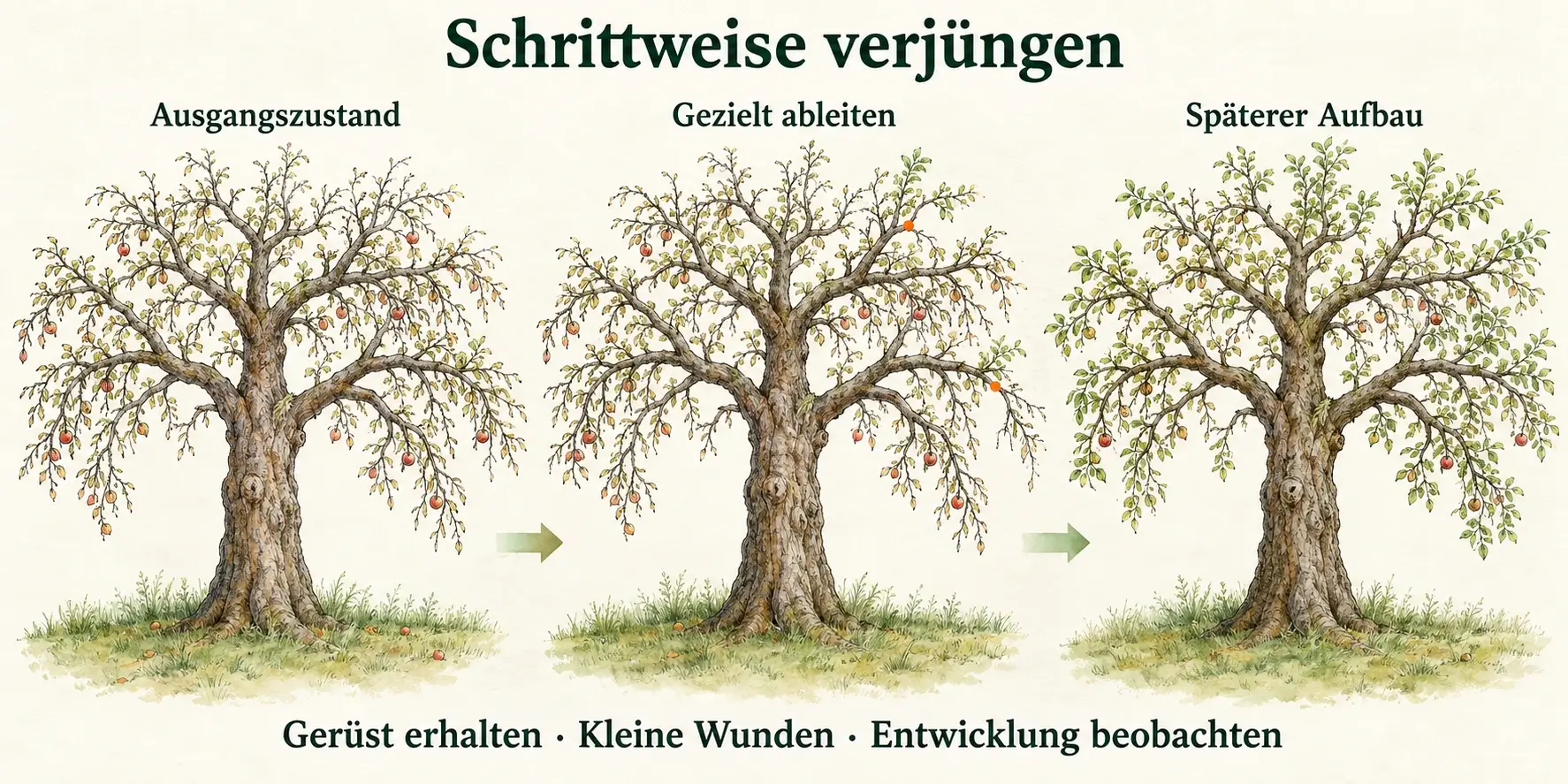 Drei schematische Zustände desselben alten Obstbaums: überaltertes äußeres Fruchtholz, gezieltes Ableiten kleiner Partien und spätere Entwicklung bei erhaltenem Kronengerüst