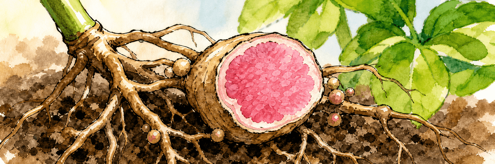 Schematisch vergrößertes Wurzelknöllchen mit rosa Innerem als Hinweis auf aktive Stickstofffixierung