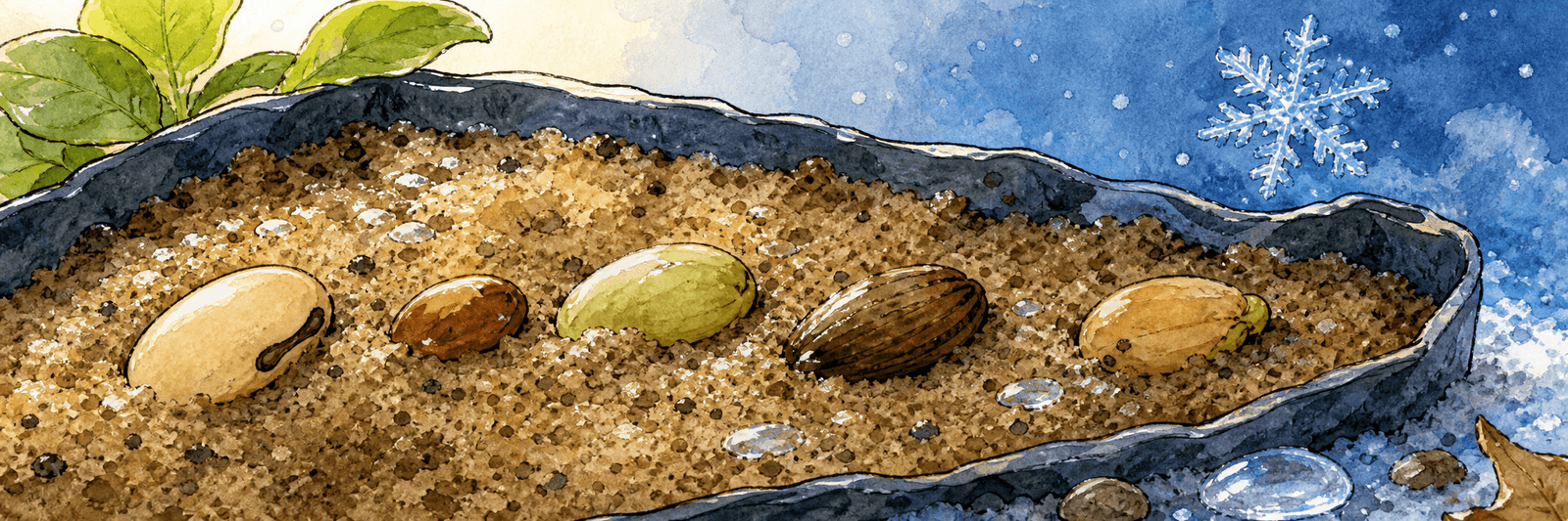 Samen in feuchtem Sand bei Kälte mit Schneeflocke, aber nicht durchgefroren
