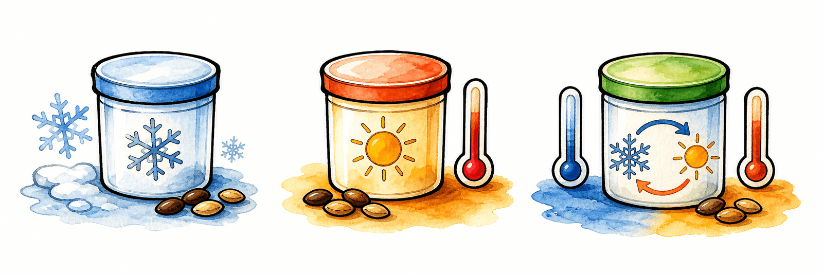 Drei Icons für Kalt-, Warm- und Wechseltemperatur-Behandlung von Samen