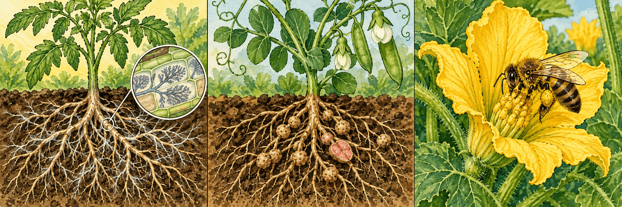 Drei Gartenpartnerschaften: Tomatenwurzel mit arbuskulären Pilzfäden, Erbsenwurzel mit Knöllchen und Biene an einer Kürbisblüte