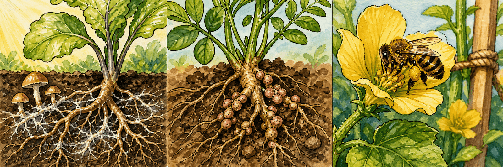 Drei Partnerschaften nebeneinander: Mykorrhiza an Wurzeln, Rhizobien-Knöllchen und eine bestäubende Biene