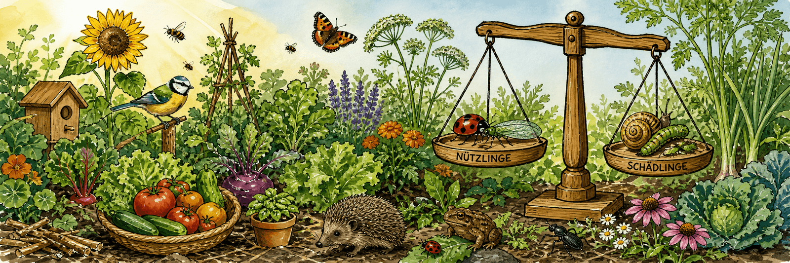 Vielfältiges, ausgewogenes Gartenökosystem mit einer Waage, die Symbiose und Antagonismus im Gleichgewicht hält