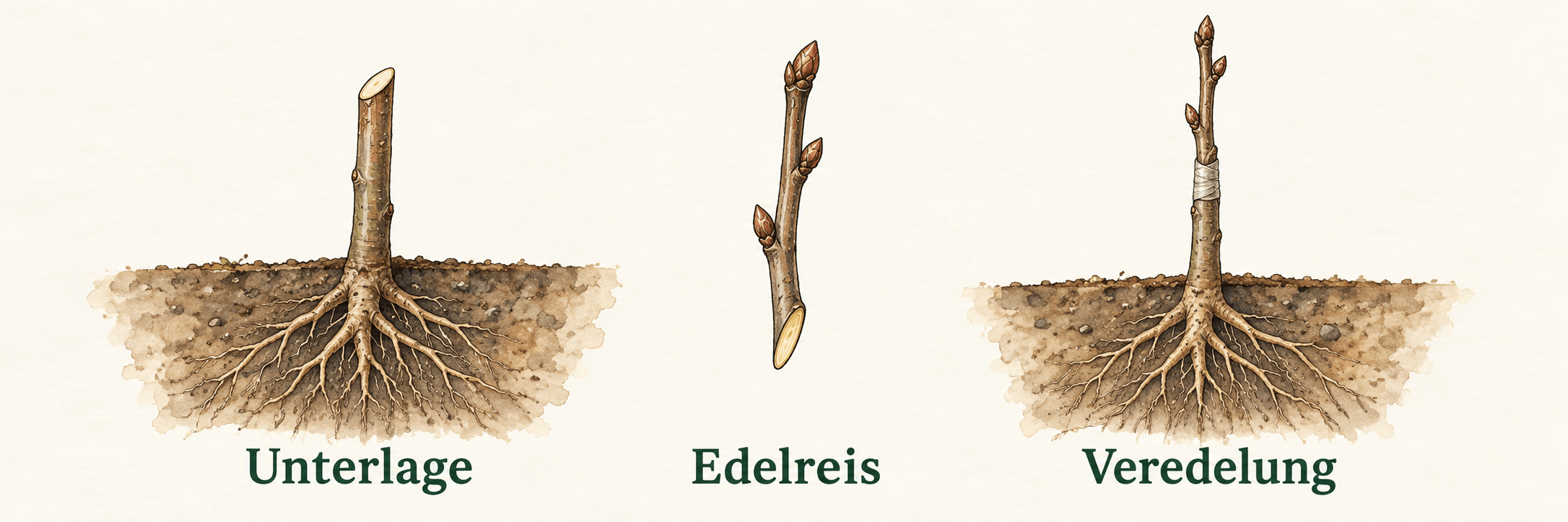 Bewurzelte Apfelunterlage, ruhendes Edelreis und daraus verbundene Jungpflanze mit Veredelungsband oberhalb der Erde