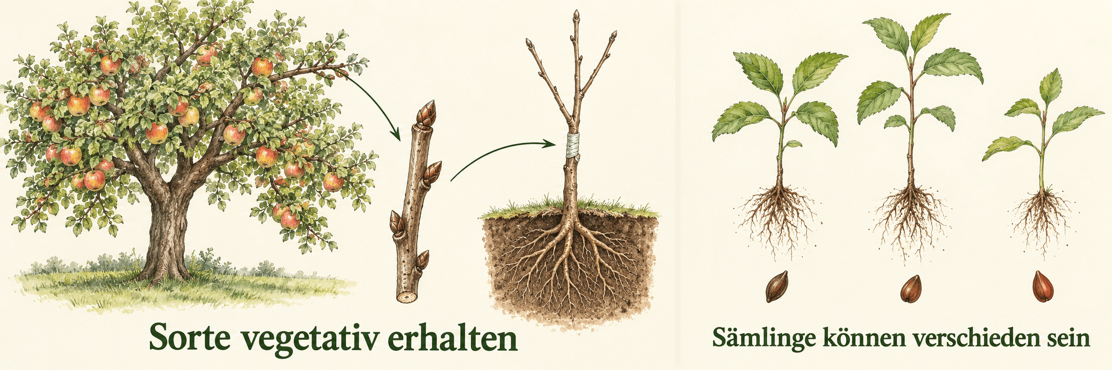 Edelreis eines Apfelbaums wird auf eine Unterlage übertragen; daneben unterschiedlich entwickelte Apfelsämlinge als Vergleich