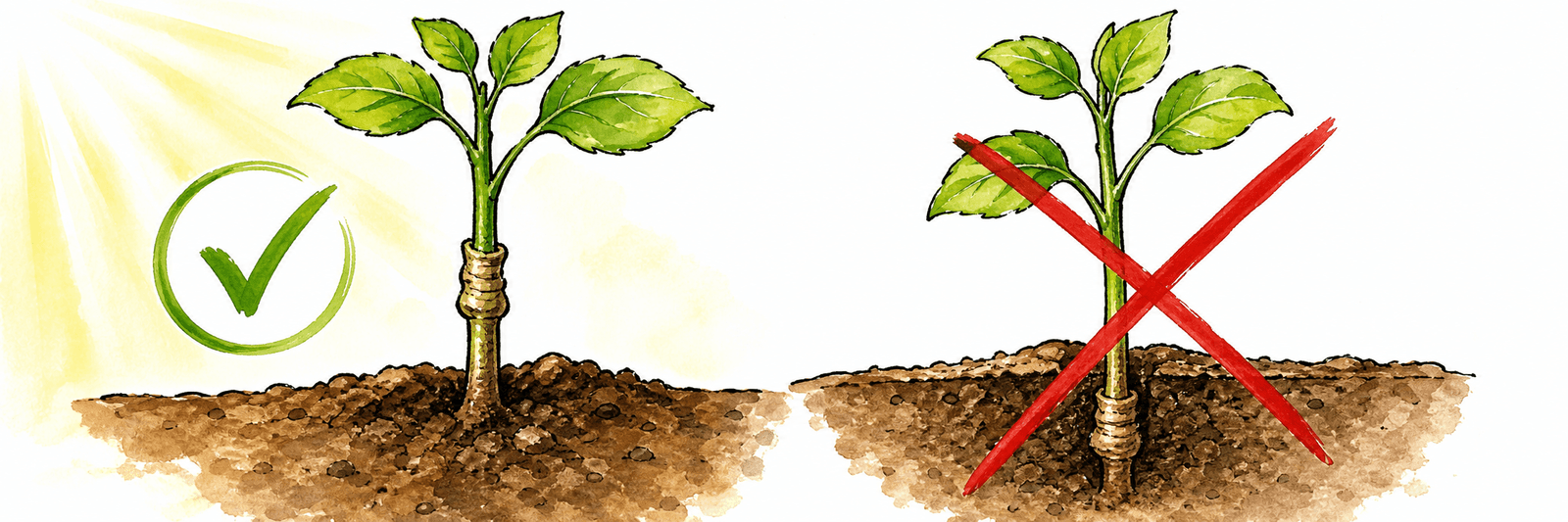 Bei einem Obstbaum liegt die Veredelungsstelle links über der Erde; rechts ist eine eingegrabene Verbindung als Fehler markiert