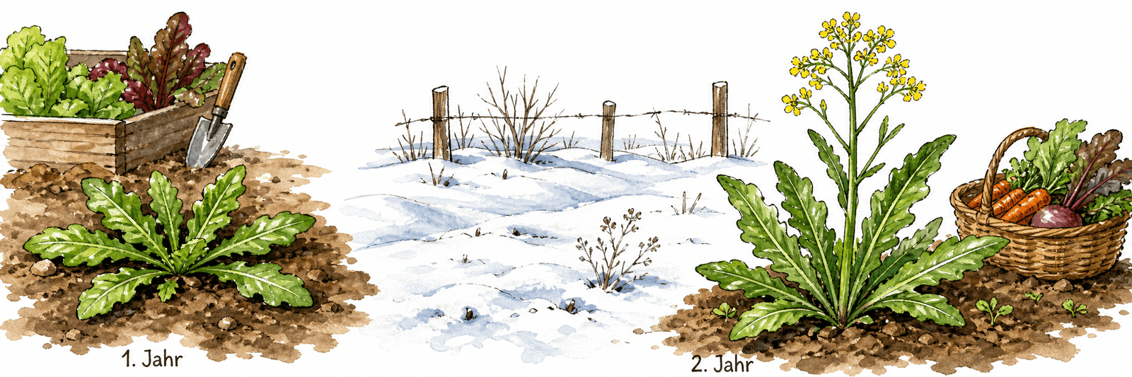 Zweijahres-Reihe einer Pflanze: Jahr 1 als Blattrosette, dazwischen der Winter, Jahr 2 blühend