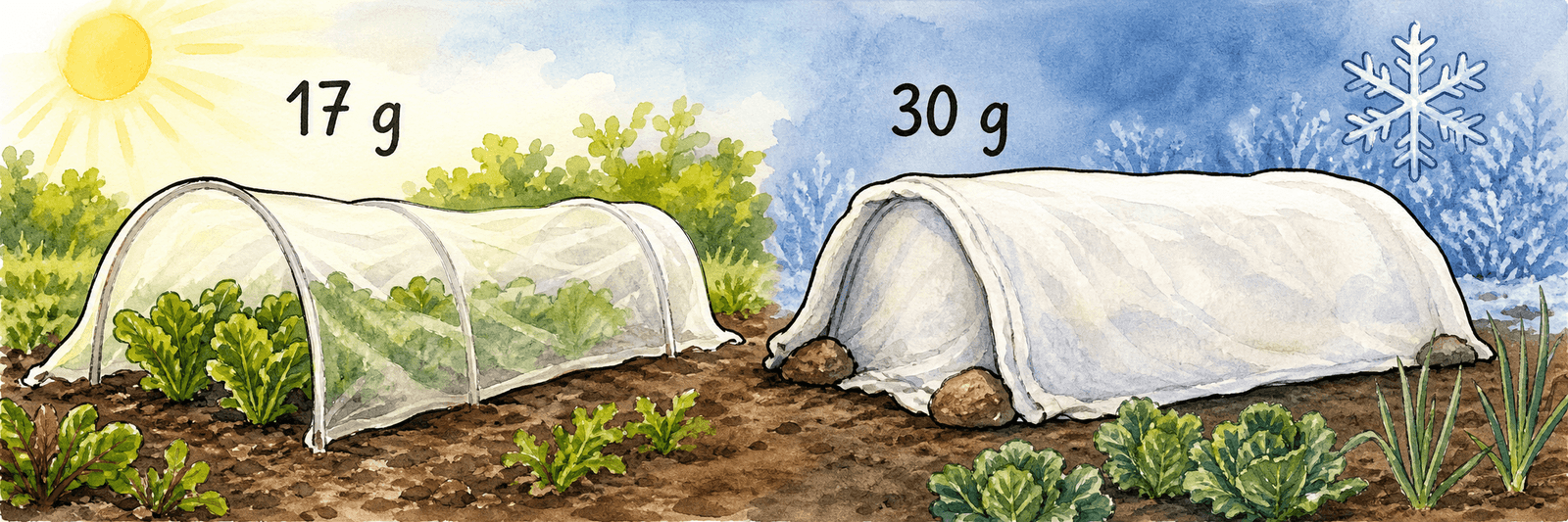 Vlies-Flächengewichte im Vergleich: 17 g leicht gegenüber 30 g als Notdecke gegen Frost