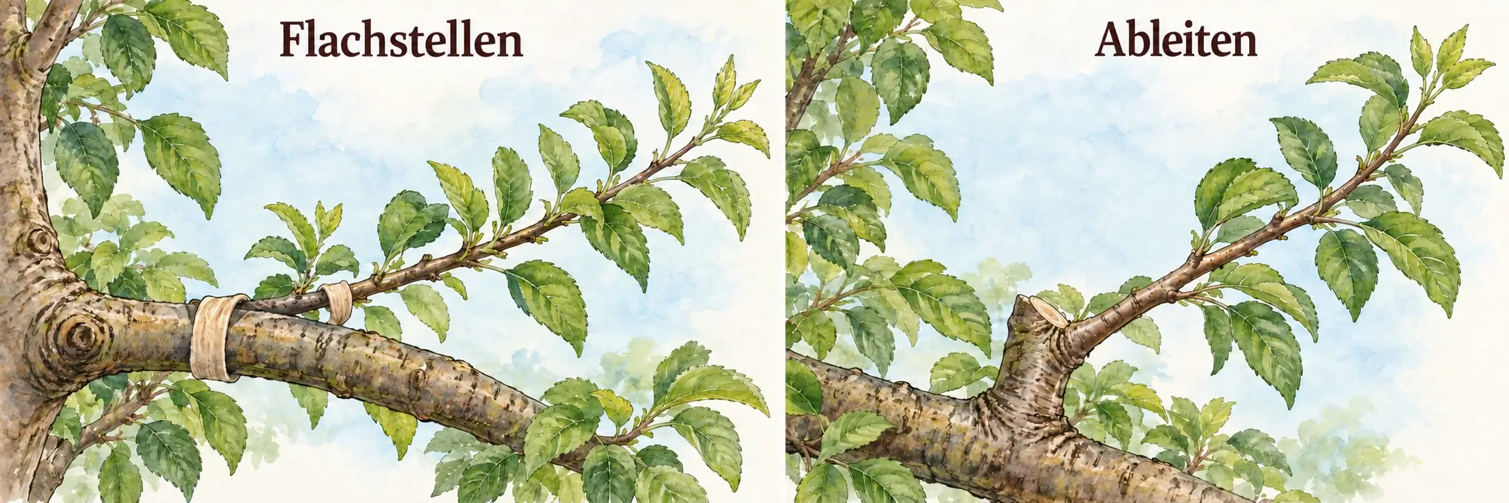 Vergleich zweier Maßnahmen am Apfelbaum: Ein ungeschnittener Trieb wird flacher gebunden; beim Ableiten übernimmt ein vorhandener Seitentrieb die weitere Entwicklung