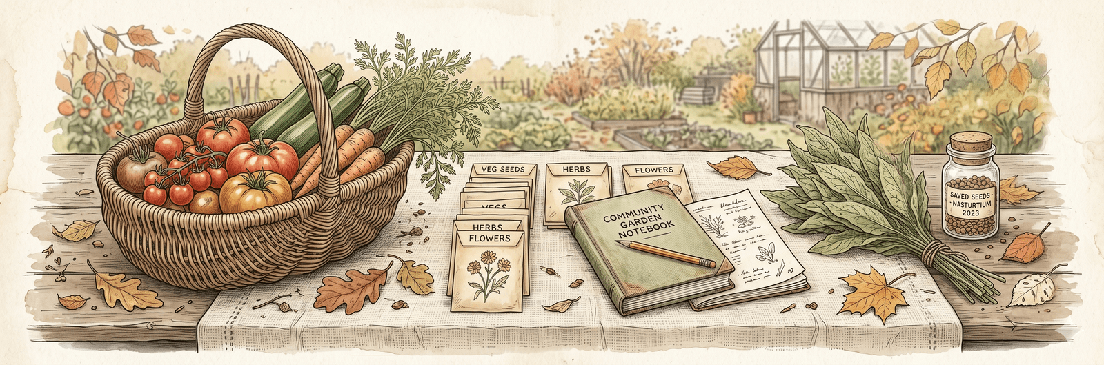 Übergabe-Szene am Gemeinschaftsgarten-Tisch im Herbst: Leinendecke, Weidenkorb mit frisch geerntetem Gemüse (Tomaten, Zucchini, Möhren), Reihe von Saatgut-Tüten geordnet, gebundenes Garten-Notizbuch, Bündel Beinwellblätter und Glas mit gesammelten Samen