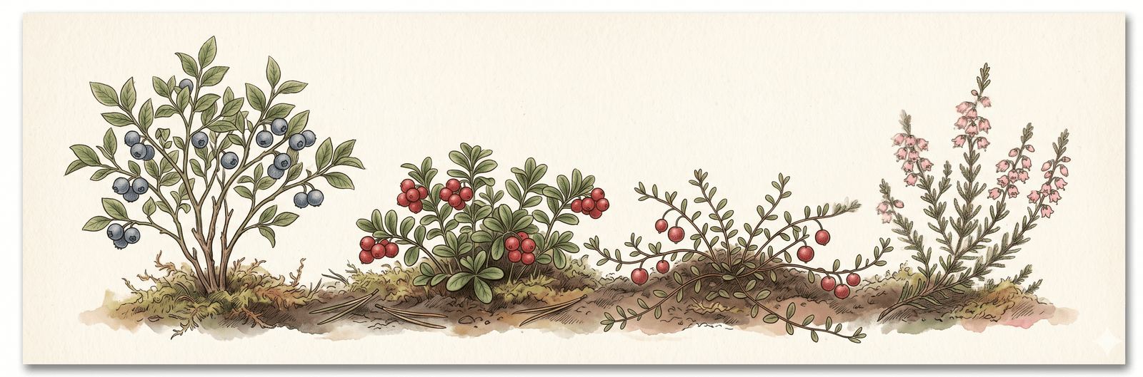 Moorbeet-Gilde auf saurem Substrat: Kulturheidelbeere mit blauen Beeren, Preiselbeere mit roten Früchten, Cranberry kriechend, Sumpfheide mit kleinen rosa Glockenblüten – auf torfdunkler Erde mit Sphagnum-Moos