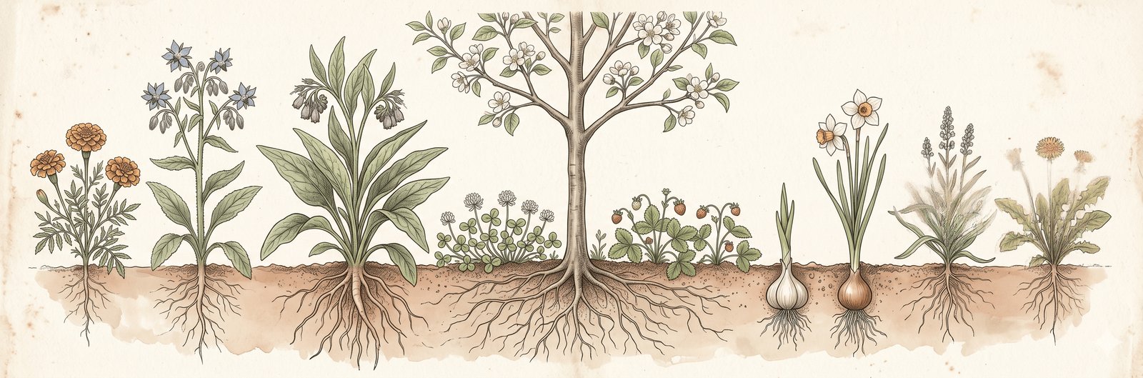 Junger Apfelbaum als Zentrum einer Gilde, umgeben von einem Ringbeet aus Weißklee, Walderdbeere, Beinwell, Borretsch, Knoblauch und Narzissen – das klassische Bild einer ausgewachsenen Obstbaumgilde