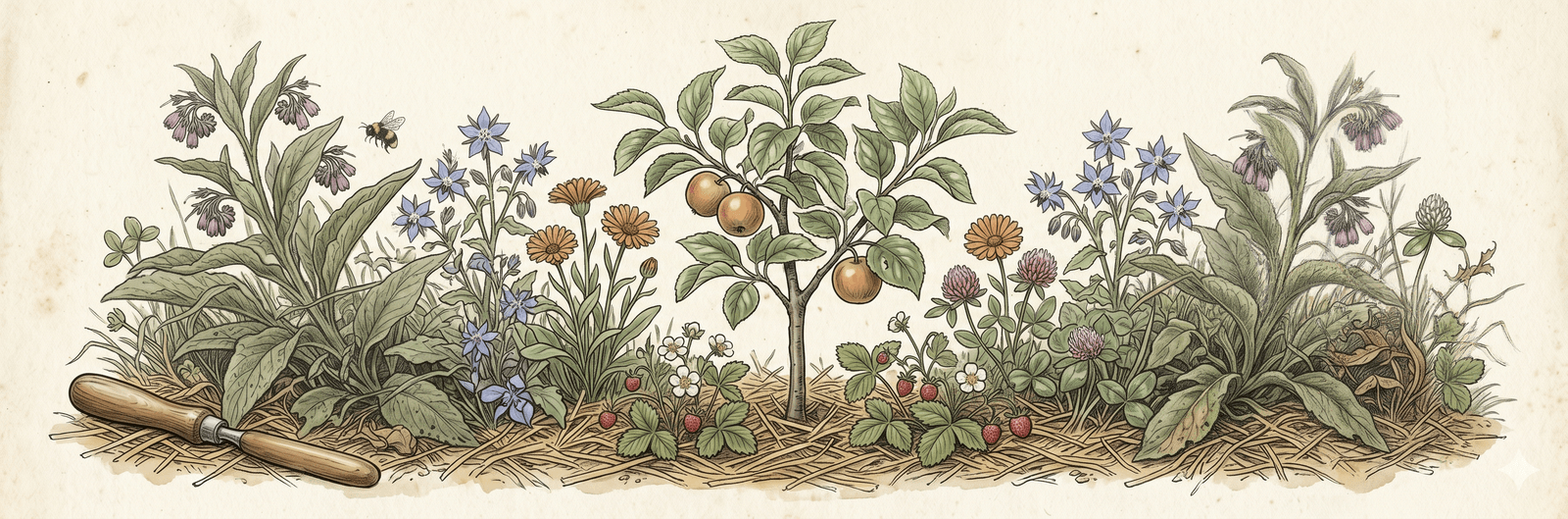 Vitaler junger Apfelbaum mit glänzenden Blättern, ausgewogene Begleitpflanzen Beinwell, Borretsch, Ringelblume, Klee und Walderdbeere, sauber gemulchter Boden, eine Hummel im Flug – das positive Gegenbild zu allen Fehlern