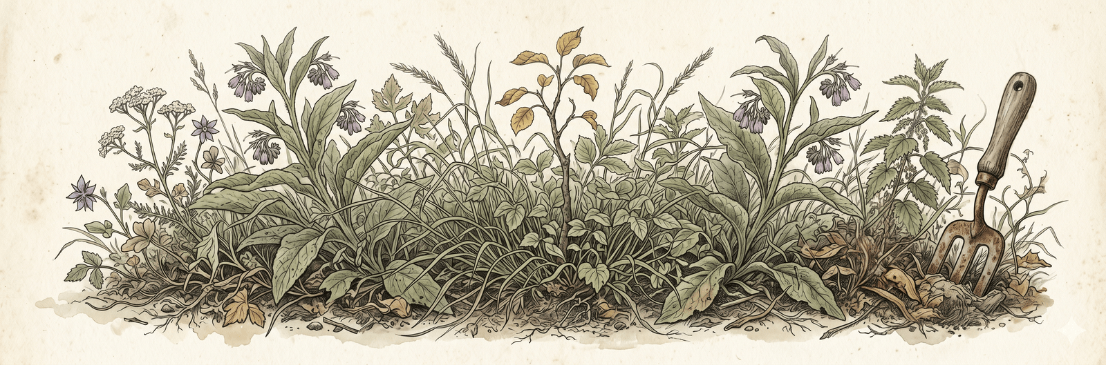 Verwildertes Gildenbeet: kümmerlicher Apfelbaum-Sämling im Zentrum, von aggressivem Giersch und Quecke überwuchert, vergessene rostige Handgabel halb im Boden – das klassische Bild einer aus dem Ruder gelaufenen Anlage