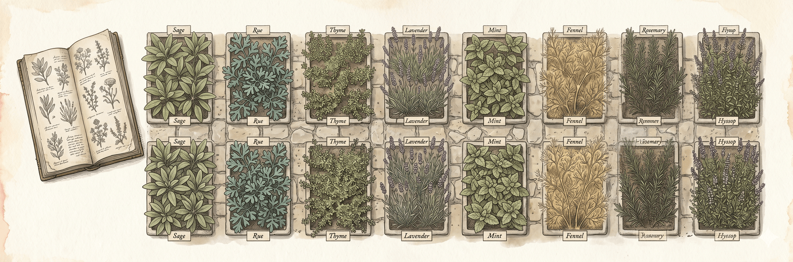 Mittelalterlicher Klostergarten von oben: rechteckige Kräuterbeete mit Salbei, Raute, Thymian, Lavendel, Minze, Fenchel, Rosmarin und Ysop, geordnet zwischen steinbegrenzten Wegen – Pflanzenwissen wird im Mittelalter erstmals systematisch dokumentiert