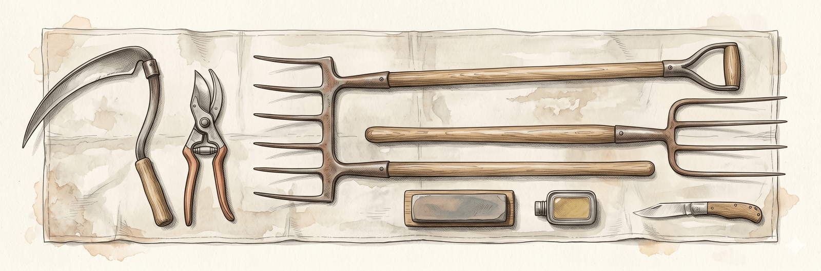 Werkzeug-Tafel der Permakultur-Pflege: Handsense, Bypass-Schere, Sauzahn-Grabegabel, Mulchforke und Garten-Klappmesser auf einem Leinentuch, mit Schleifstein und Öl­döschen