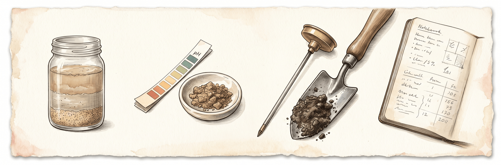 Stilleben mit Gartenanalyse-Werkzeugen: Glas mit Schlämmtest-Probe (Sand-Schluff-Ton in Schichten), pH-Teststreifen und Erdprobe, vintage Bodenthermometer mit Spaten und Notizbuch – die einfachen Hilfsmittel für die Standort-Analyse