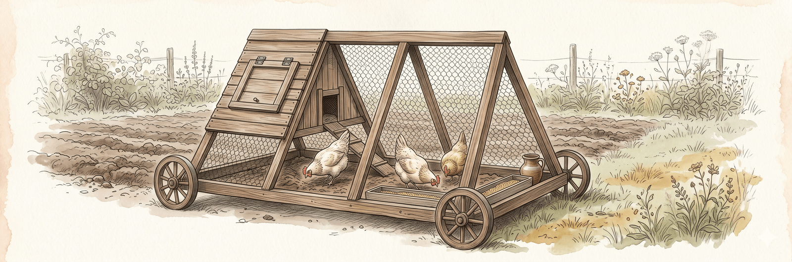 Seitenansicht eines hölzernen Chicken Tractor: A-förmiger Stall mit Hühnerdraht-Seiten, Räder an den Ecken, Eiersammel-Klappe oben links, drei Hühner kratzen und picken im frischen Boden, daneben aufgelockerte Erde wo der Stall vorher stand, kleine Wasser- und Futter­schalen