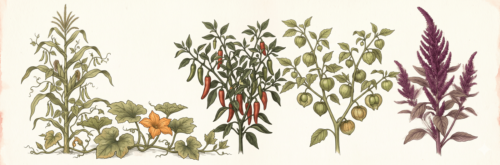 Botanische Tafel eines mesoamerikanischen Milpa-Gartens: hoher Maisstängel mit rankenden Bohnen, ausladender Kürbis mit großen Blättern und oranger Blüte, Chilipflanze mit roten und grünen Früchten, Tomatillo mit papierhülligen grünen Früchten, Amaranth mit tiefroten Blütenrispen – eine durchgehende Polykultur-Szene