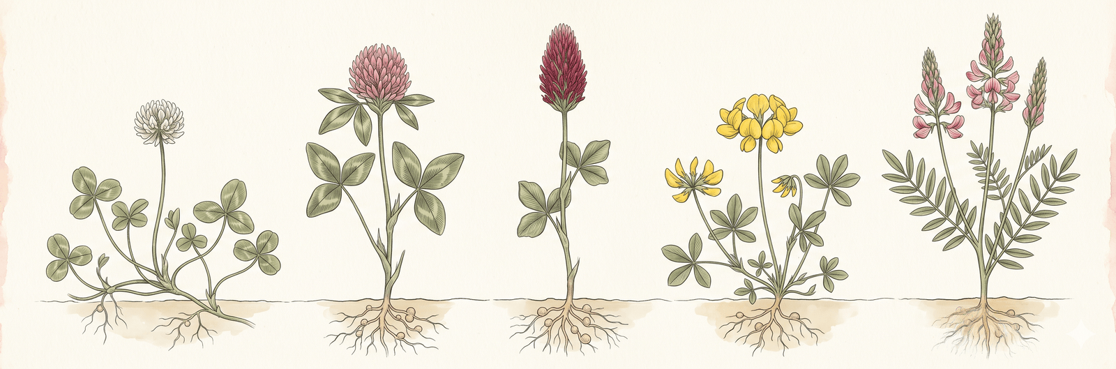 Botanische Vergleichstafel der fünf Klee-Arten: Weißklee mit kleinem weißem Blütenkopf, Rotklee mit rosa Blüte, Inkarnatklee mit tiefkarminroter länglicher Blüte, Hornklee mit gelben Blüten, Esparsette mit rosa-gestreiften Blüten – jede mit Knöllchenbakterien am Wurzelsystem
