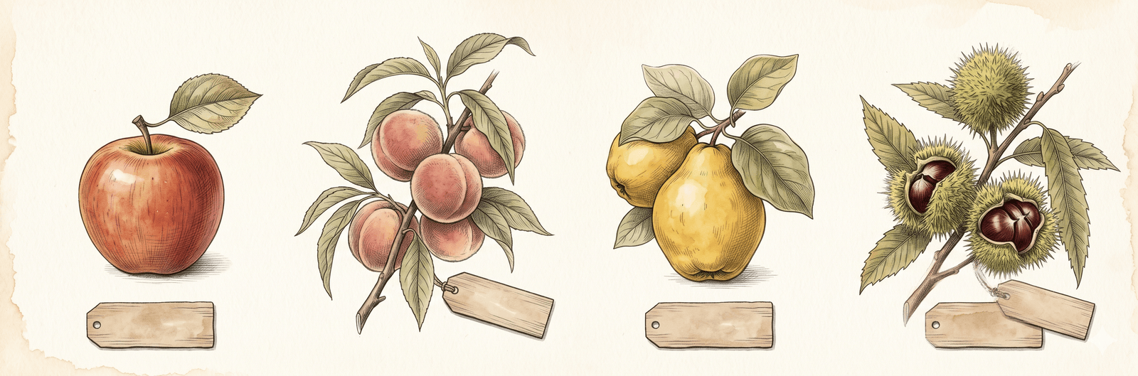 Botanische Spezimen-Tafel klima­resilenter Obstsorten: alter Apfel der Sorte 'Topaz', Pfirsichzweig mit Frucht und Blättern, Quitte mit goldener Frucht und Laub, Esskastanien-Zweig mit Hüllen und Nüssen – jeweils mit kleinem Holz-Saat­schild am Fuß