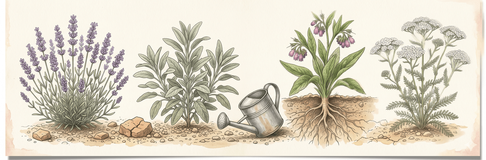 Trockenresistente Klimagarten-Gilde: Lavendel in voller Blüte, Salbei mit silbergrünen Blättern, kräftiger Beinwell mit sichtbarer Pfahlwurzel im Bodenquerschnitt, Schafgarbe mit fein gefiedertem Laub – auf trockenem kiesigen Boden mit rissigen Lehmschollen, leere umgekippte Gießkanne