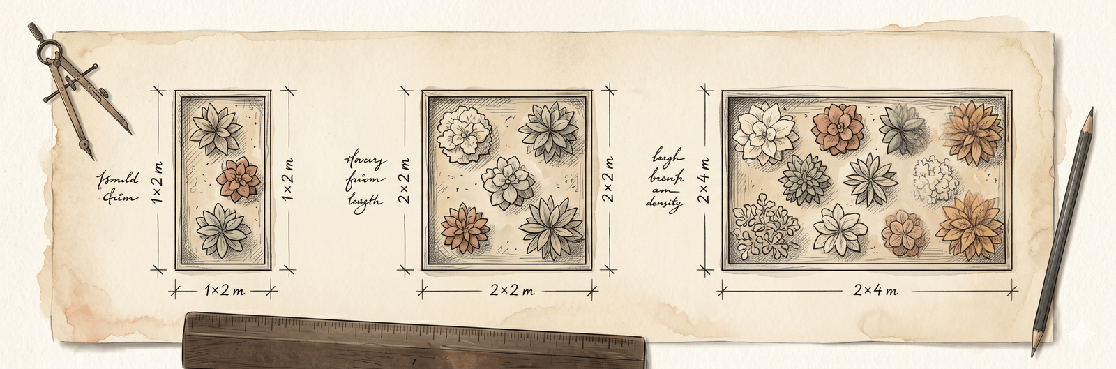 Drei kleine Beet-Layouts unterschiedlicher Größe als botanische Planungs-Skizze: 1×2 m mit 3 Pflanzen, 2×2 m mit 5 Pflanzen, 2×4 m mit 8 Pflanzen – wie sich Gildendichte an die Fläche anpasst