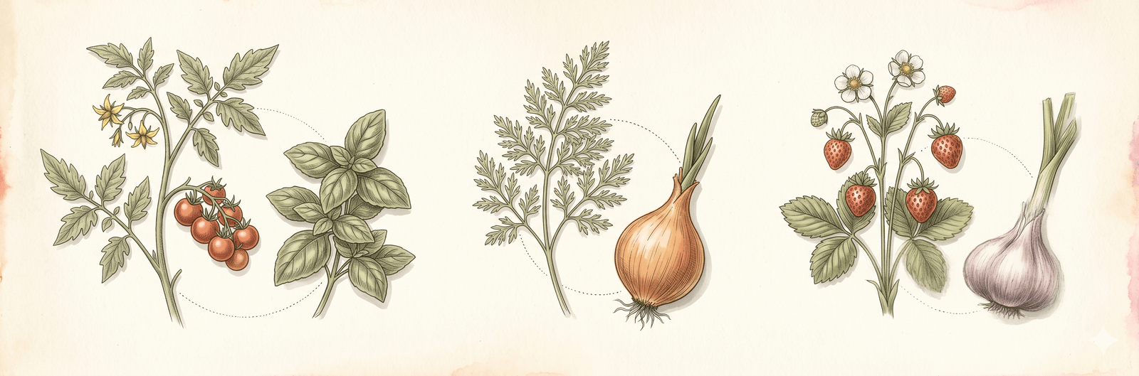 Drei klassische Mischkultur-Paare als botanische Tafel: Tomate mit Basilikum, Möhre mit Zwiebel, Erdbeere mit Knoblauch – das bewährte Wissen, mit dem viele Hausgärtner starten