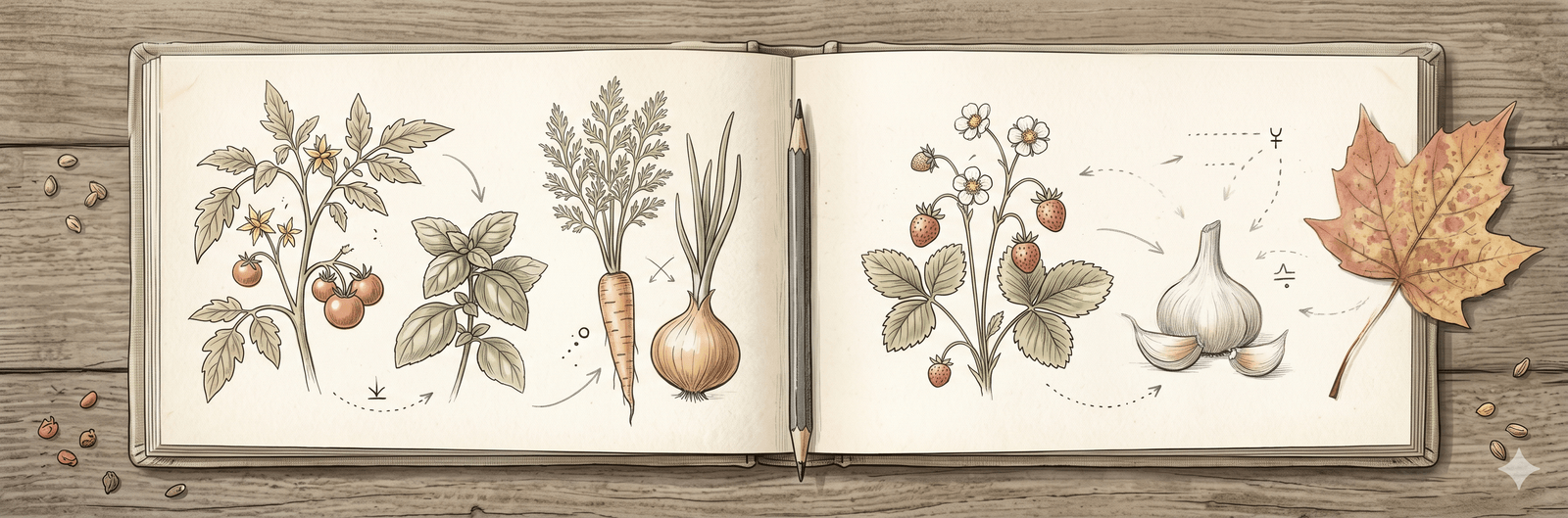 Aufgeschlagenes Gartennotizbuch mit handgezeichneten Pflanzen-Skizzen und Pfeil-Verbindungen zwischen Pflanzenpaaren – Mischkultur-Wissen, wie es jahrzehntelang weitergegeben wurde