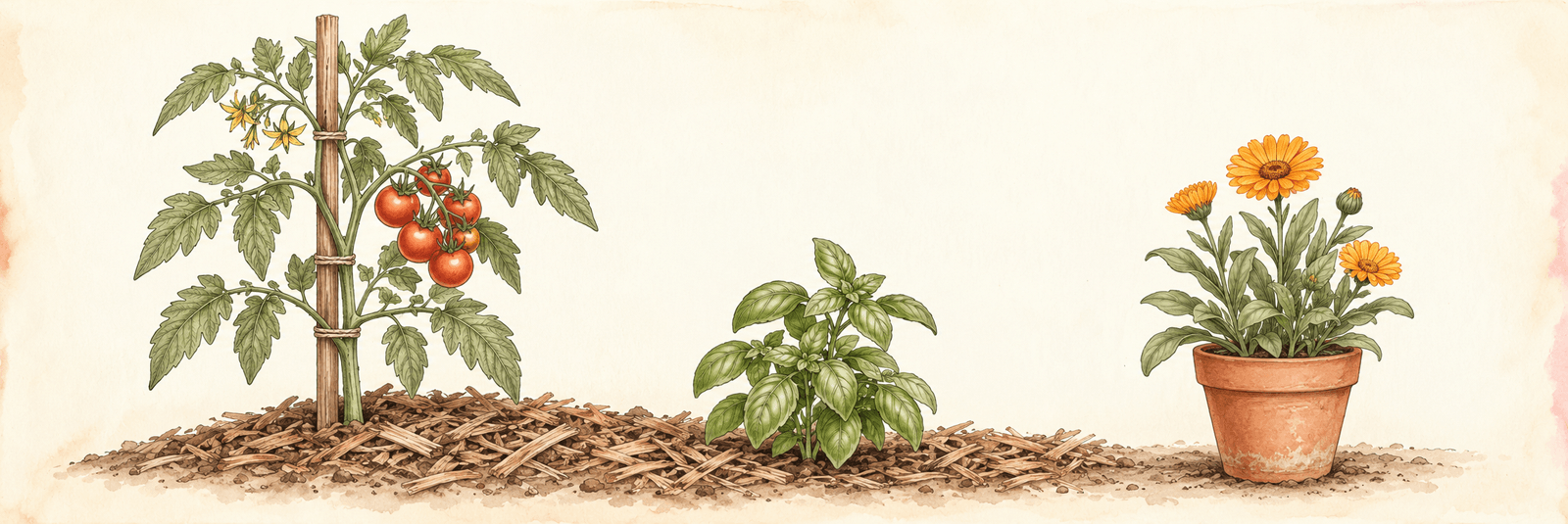 Schematische Illustration einer gestützten Tomate mit Basilikum im gemulchten Beet und einer Ringelblume im separaten Topf daneben