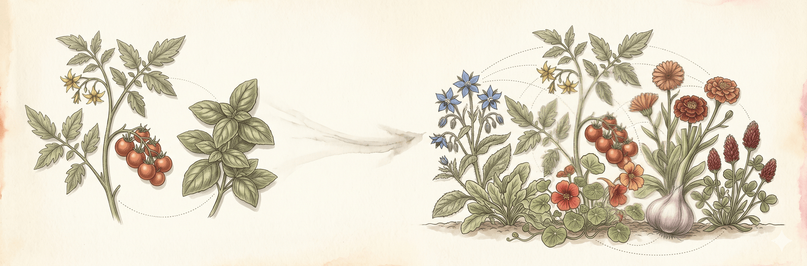 Evolution vom einfachen Mischkultur-Paar zur vollständigen Gilde: links Tomate mit Basilikum, rechts dieselbe Tomate umgeben von Borretsch, Ringelblume, Tagetes, Kapuzinerkresse, Knoblauch und Inkarnatklee
