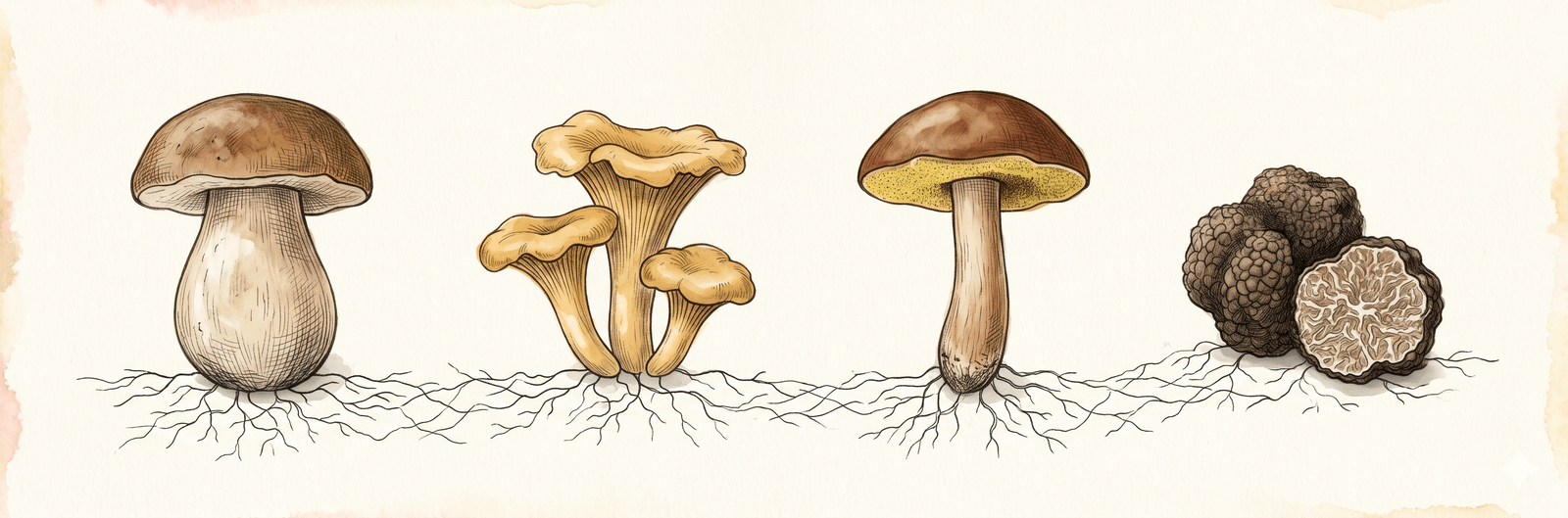 Mykologische Spezimen-Tafel essbarer Mykorrhiza-Pilze: Steinpilz mit bauchigem Stiel und braunem Hut, goldene Pfifferlinge, Maronenröhrling mit kastanienbraunem Hut, halbierte schwarze Trüffel – die sichtbaren Fruchtkörper der unsichtbaren Symbiose
