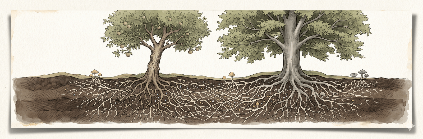Wood-Wide-Web zwischen zwei Bäumen: oberirdisch ein Apfel- und ein Buchenbaum nebeneinander, unterirdisch ein dichtes Myzel-Netzwerk, das die Wurzelsysteme verbindet, kleine Pilz-Fruchtkörper poppen auf, Wasser- und Nährstoffteilchen wandern durch die Hyphen