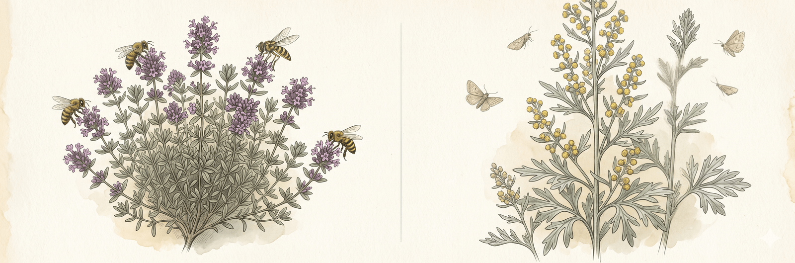 Botanische Vergleichstafel: links buschiger Echter Thymian in voller Blüte mit kleinen lila Blüten und besuchenden Honigbienen, in der Mitte feine Trennlinie, rechts hoher silbriger Wermut (Artemisia absinthium) mit tief geteilten grau-grünen Blättern und kleinen gelben Blütenrispen, einzelne Motten kehren zurück