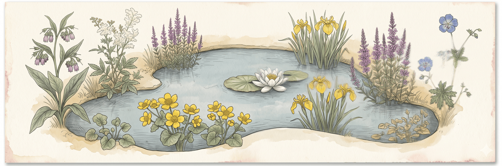 Naturteich in Draufsicht: unregelmäßig nierenförmige Wasserfläche mit Seerosenblättern und einer weißen Seerose im Zentrum, Sumpfdotterblume und Sumpfschwertlilie an den Flachwasserzonen, Blutweiderich und Mädesüß am Sumpfufer, Beinwell und Wiesenstorchschnabel an den trockenen Ufern